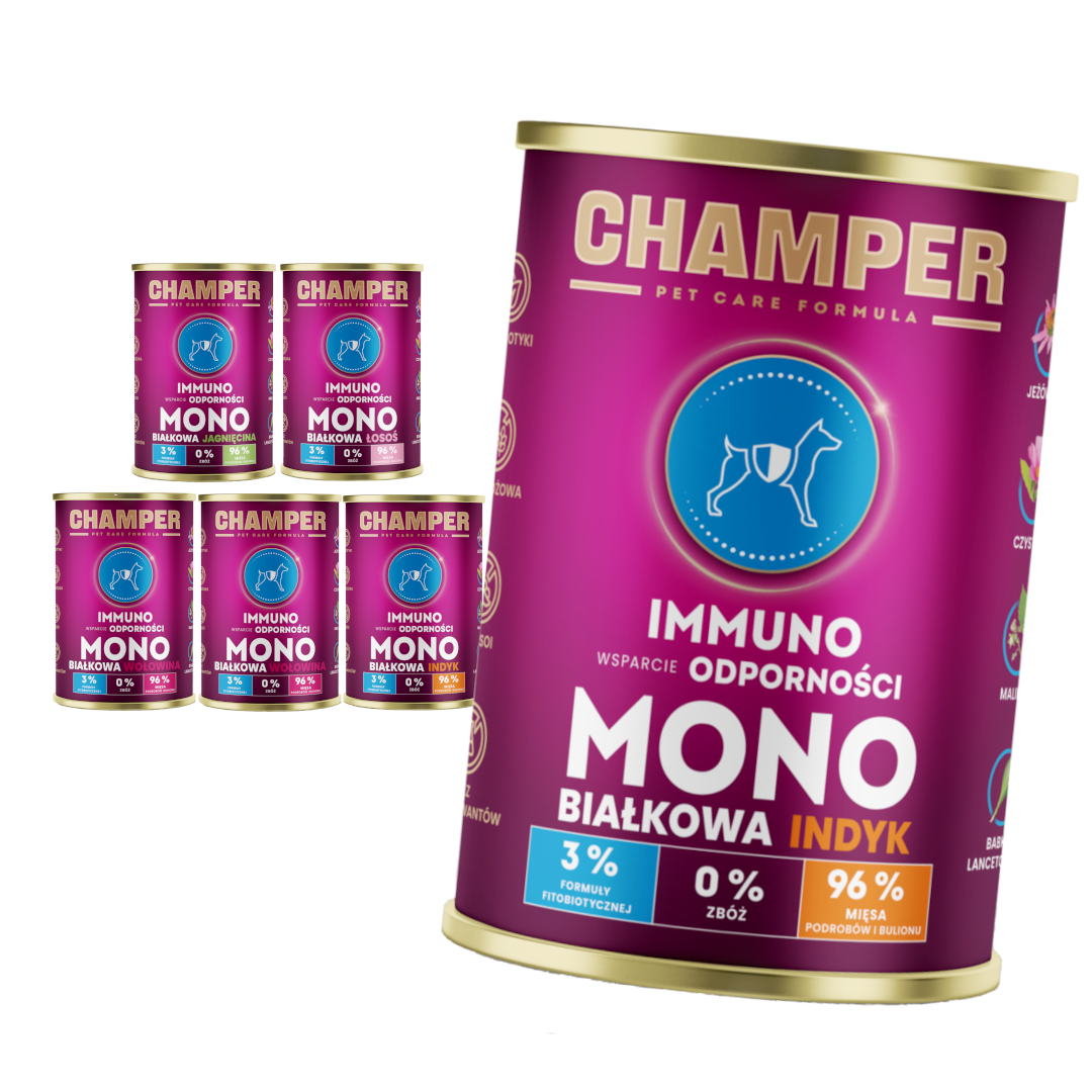 Champer Immuno Monobiałkowa 6x400g Mokra Karma Dla Psa Mix Smaków Wsparcie Odporności