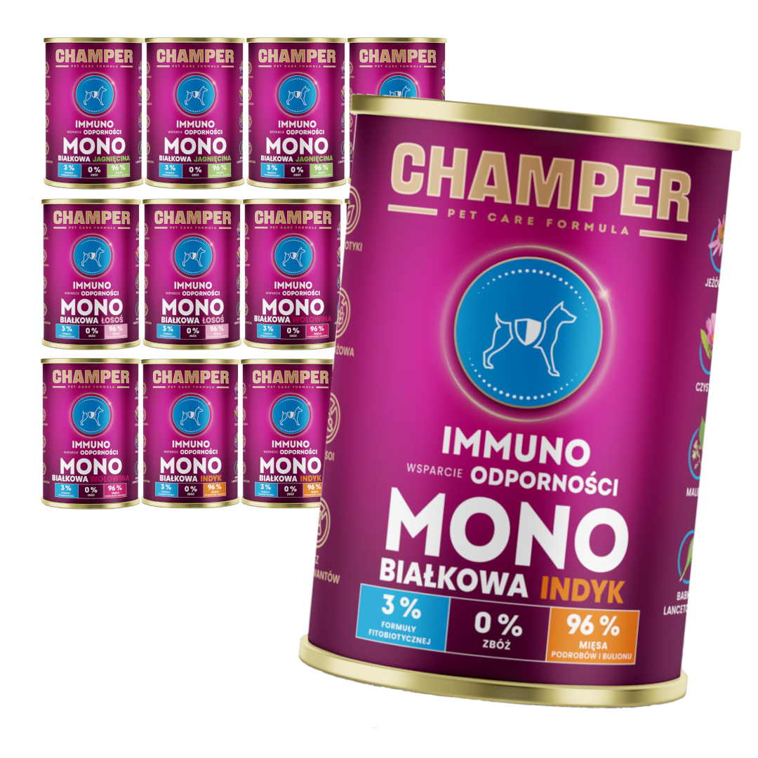 Champer Immuno Monobiałkowa 12x400g Mokra Karma Dla Psa Mix Smaków Wsparcie Odporności