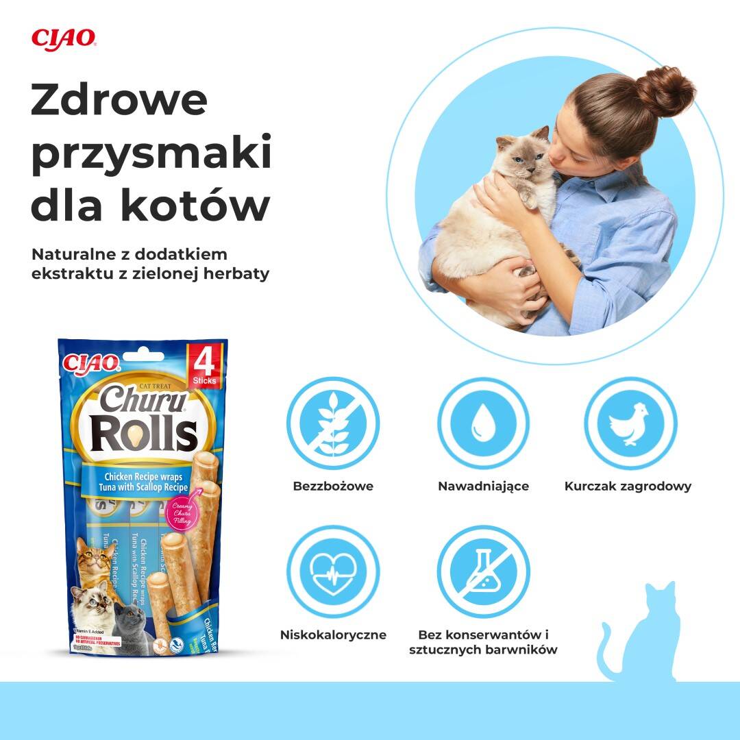 Inaba Cat Churu Rolls 4x10g Przysmak Dla Kota Pałeczki z Nadzieniem Kurczak Tuńczyk Przegrzebki