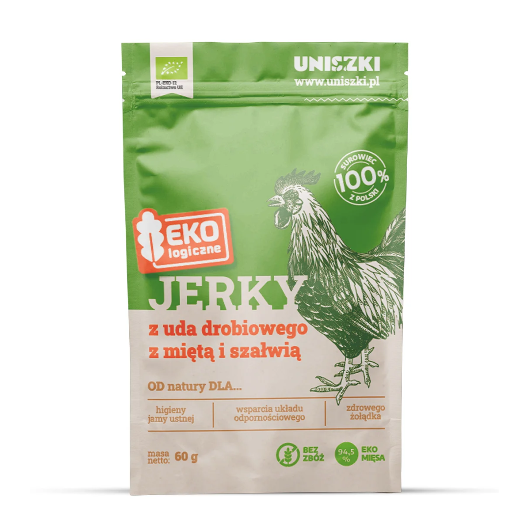 Uniszki Ekologiczne Jerky Z Uda Drobiowego Z Miętą I Szałwią Przysmak Dla Psa 60g