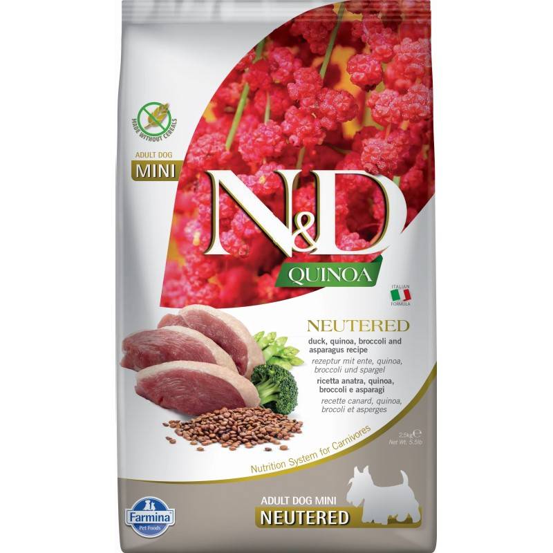 N&D Quinoa Dog Duck Broccoli Asparagus Neutered Adult Mini 2,5kg Sucha Karma Dla Psa Po Kastracji 