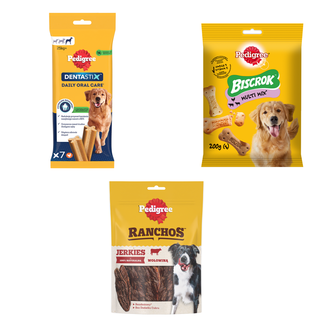 Pedigree Zestaw Przysmaków Dentastix Large 7 szt + Ciasteczka 200g + Ranchos Jerkies 70g Z Wołowiną