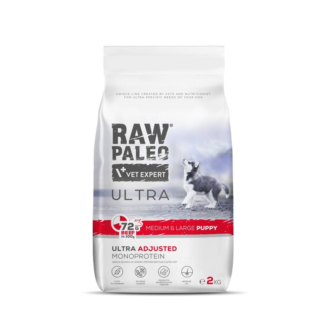 Raw Paleo Ultra Beef Medium&Large Puppy 2kg Sucha Karma z Wołowiną Dla Szczeniąt