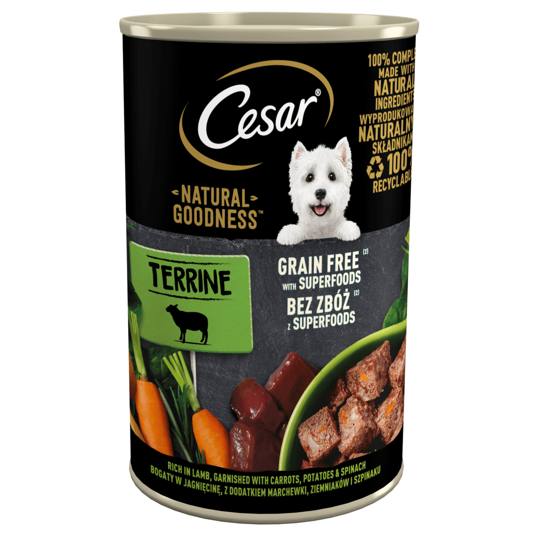 CESAR puszka 400g - mokra karma pełnoporcjowa dla dorosłych psów bogata w jagnięcinę, przybrana marchewką, ziemniakami i szpinakiem