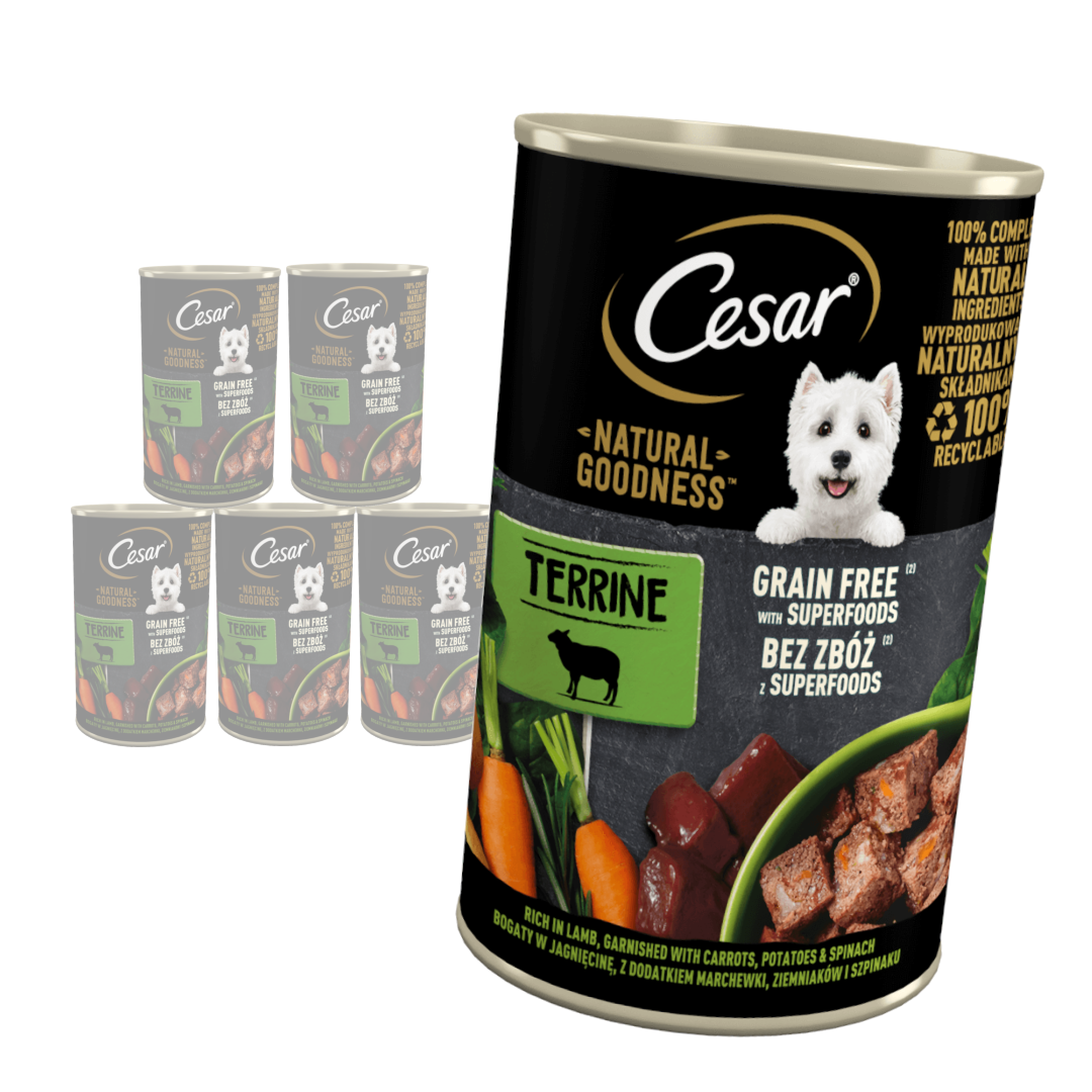 CESAR puszka zestaw  6x400g - mokra karma pełnoporcjowa dla dorosłych psów bogata w jagnięcinę, przybrana marchewką, ziemniakami i szpinakiem