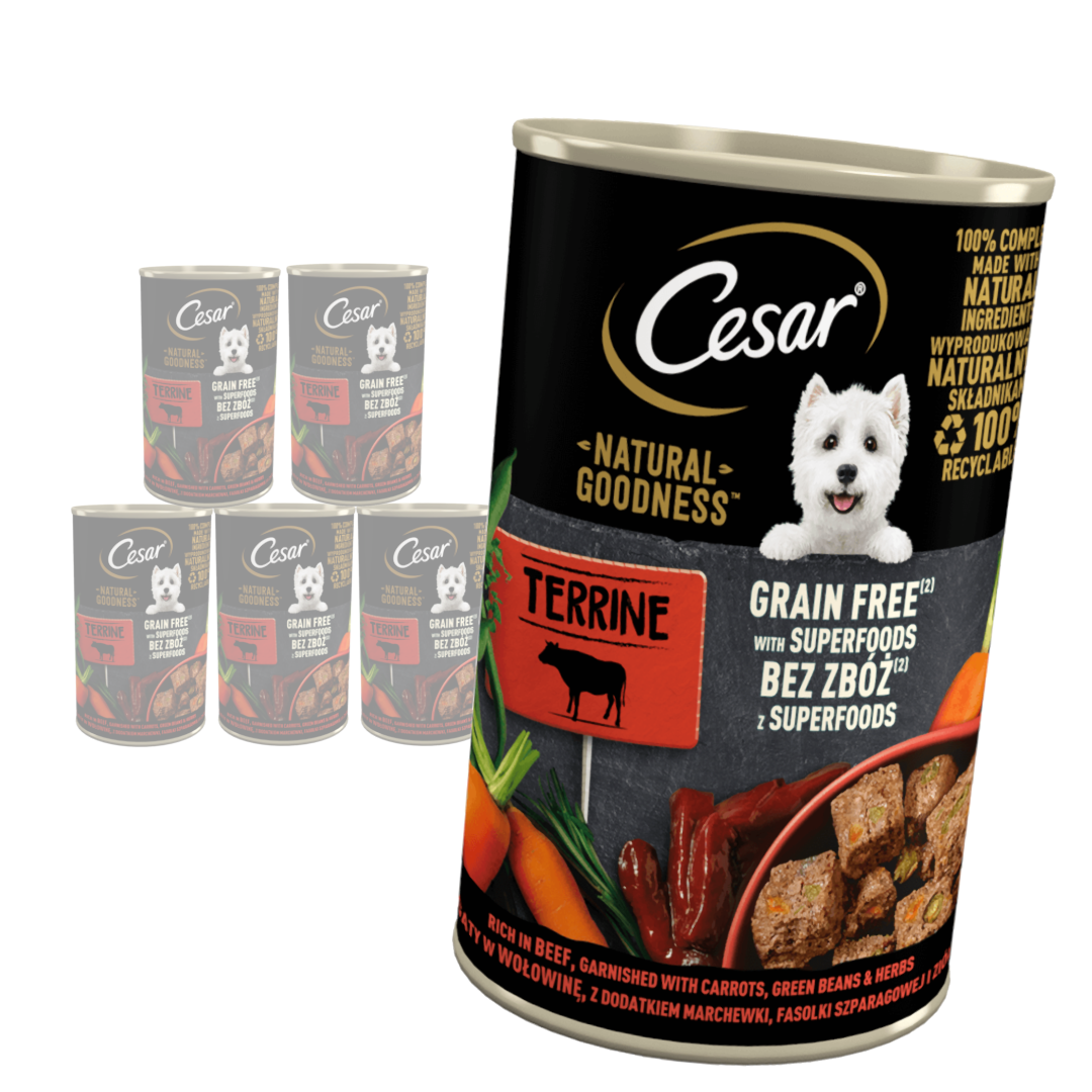 CESAR puszka 400g - mokra karma pełnoporcjowa dla dorosłych psów bogata w wołowinę, przybrana marchewką, fasolką i ziołami