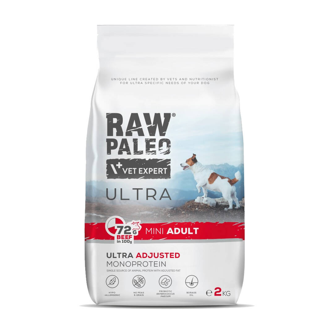 Raw Paleo Ultra Beef Adult Mini 2kg Sucha Karma z Wołowiną Dla Psów Dorosłych Ras Małych