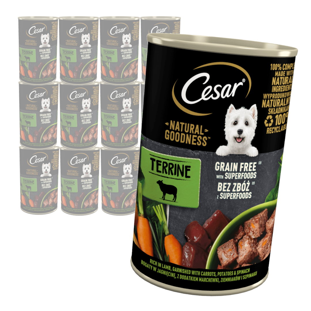 CESAR puszka 400g - mokra karma pełnoporcjowa dla dorosłych psów bogata w jagnięcinę, przybrana marchewką, ziemniakami i szpinakiem