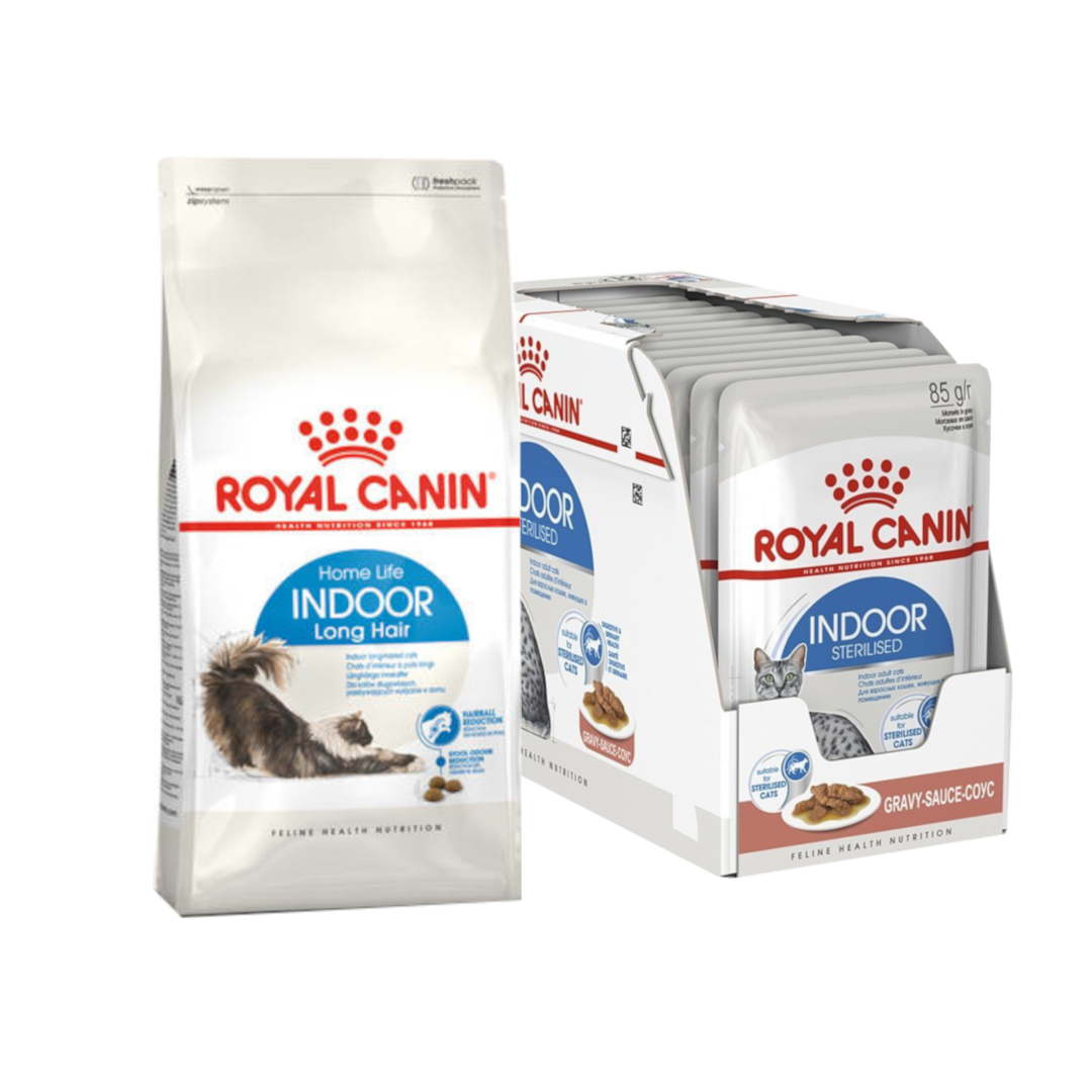 Royal Canin Indoor Long Hair 10kg + Indoor Sterilized 12x85g Karma Dla Dorosłych Kotów