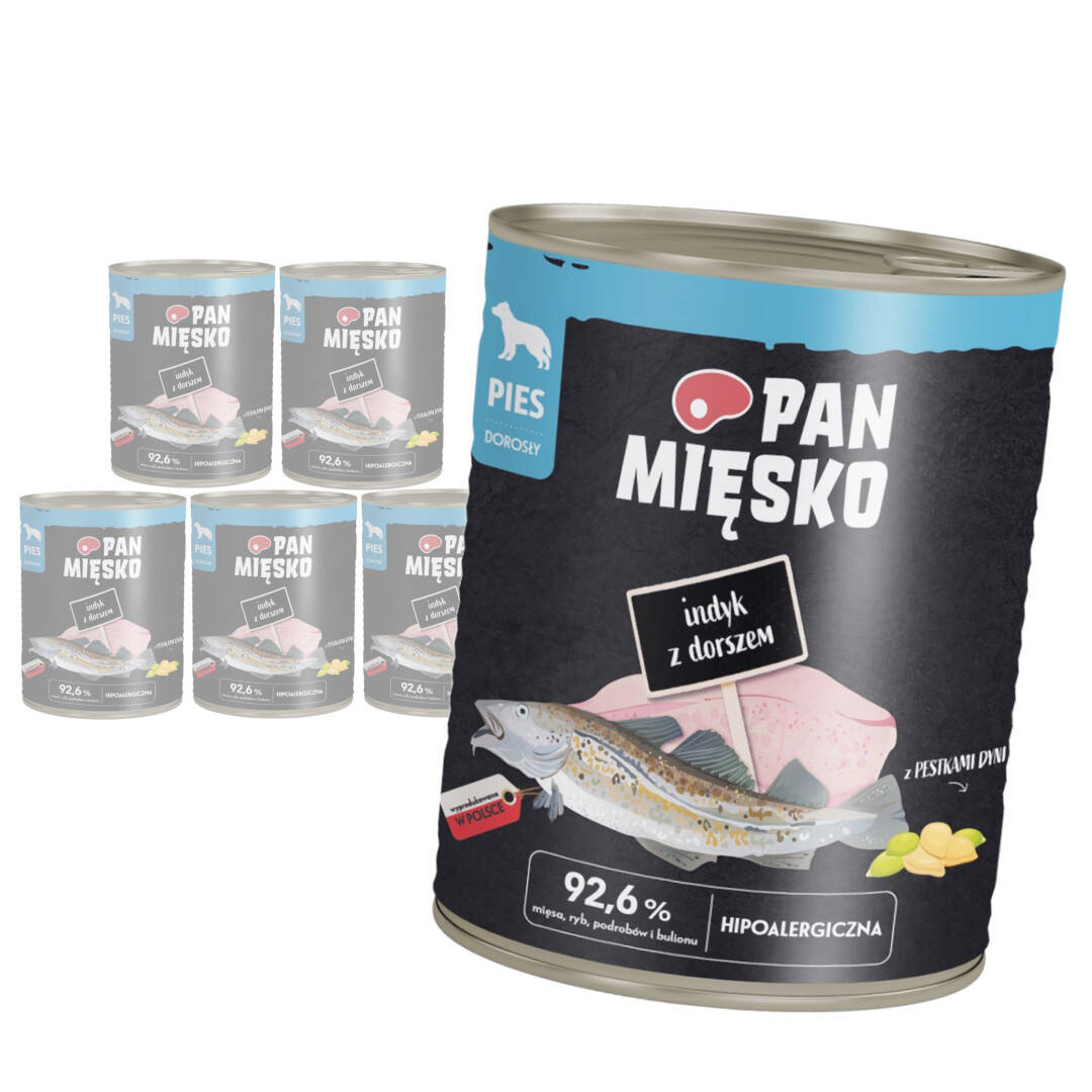 Pan Mięsko Mokra Karma dla psa Indyk z dorszem zestaw  6x800g