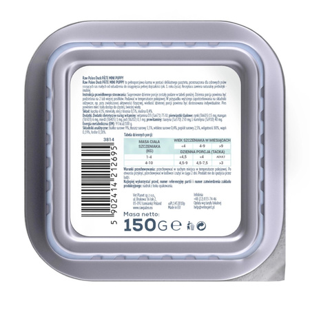 Raw Paleo Duck Pate Mini Puppy 24x150g Monoproteinowa Mokra Karma Pasztet Dla Szczeniąt Małych Ras Z Kaczką