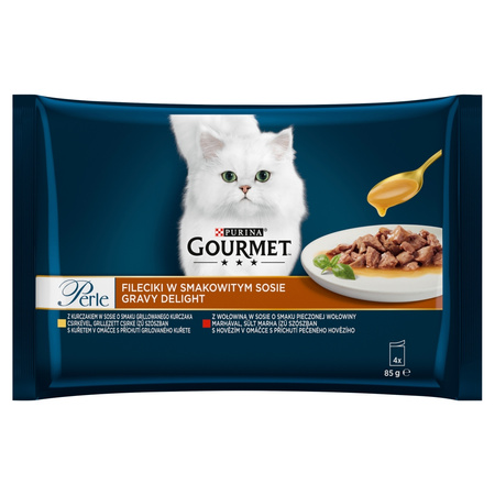 Purina Gourmet Perle Fileciki w Smakowitym Sosie 32x85g Mokra Karma Dla Kota z Kurczakiem i Wołowiną