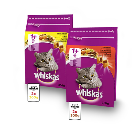 ZESTAW Karma sucha dla dorosłego kota o wieku 1+ WHISKAS Adult MIX SMAKÓW (KURCZAK 2X ,WOŁOWINA 2x) 4x300g