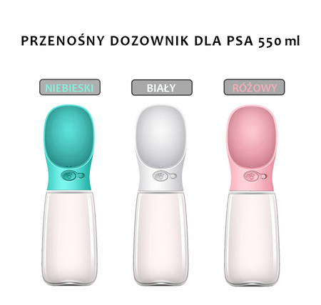 Przenośny dozownik wody dla psa, miska dla picia 550ml kolor RÓŻOWY
