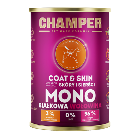 Champer Coat & Skin 12x400g Monobiałkowa Mokra Karma Dla Psa Z Wołowiną Wsparcie Kondycji Skóry I Sierści
