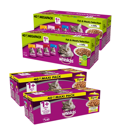 WHISKAS Smaki Rybne i Tradycyjne 80x 100g + Potrawka Adult 80x 85g Smaki Drobiowe, karma mokra dla kota
