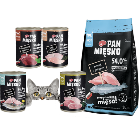 Pan Mięsko Karma Pełnoporcjowa Dla Kotów Kurczak Z Pstrągiem 5kg + Mokra 4x400g