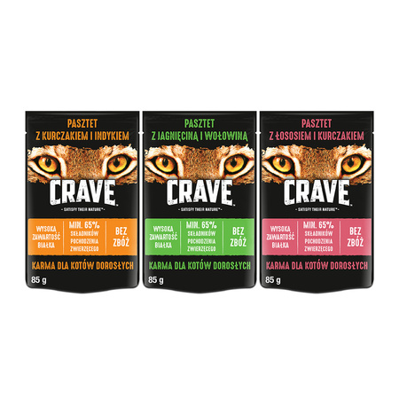 CRAVE Saszetka 12x85g mix 3 smaków - pełnoporcjowa mokra karma bezzbożowa dla kotów
