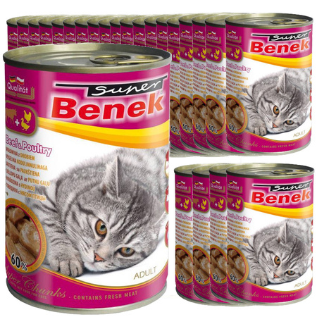 Super BENEK CHUNKS Wołowina z Drobiem 24x415g Mokra Karma Dla Kota 60% Mięsa