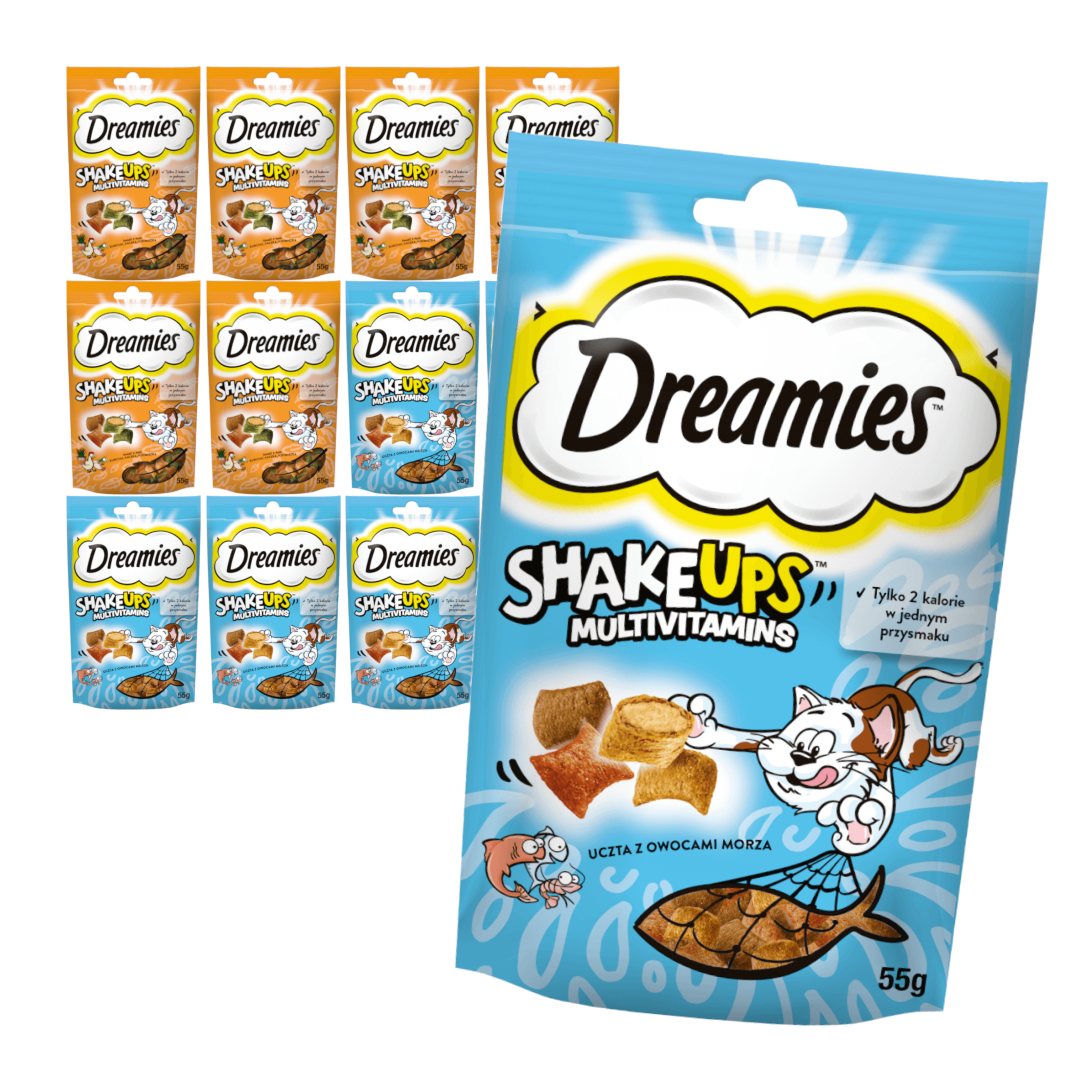 Dreamies Shake Ups Multivitamins 55g Przysmak Dla Kota z Owocami Morza o Smaku Łososia Tuńczyka i Krewetek