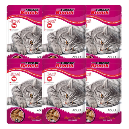 Super Benek Adult 6x100g Wołowina Sos Mokra Karma dla Kotów w Saszetce, 74% mięsa
