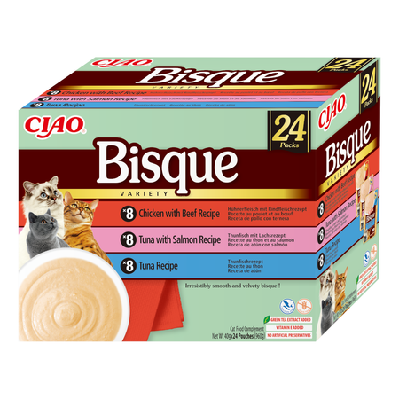 Inaba Cat Ciao Bisque 24x40g Uzupełniająca Karma Dla Kota Zupa Krem z Tuńczykiem Kurczakiem Wołowiną i Łososiem