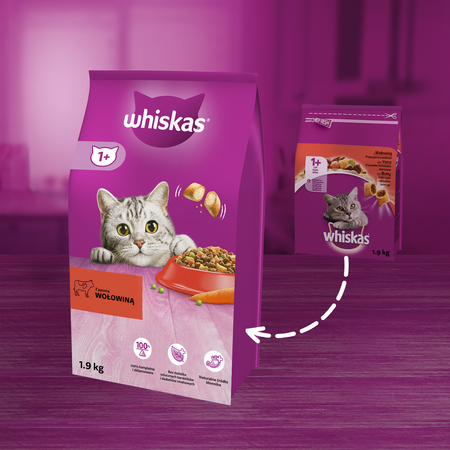 WHISKAS Adult 1,9 kg z Wołowiną Sucha Karma Pełnoporcjowa Dla Dorosłych Kotów