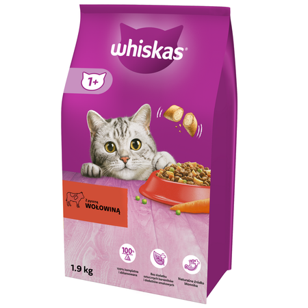 WHISKAS Adult 1,9 kg z Wołowiną Sucha Karma Pełnoporcjowa Dla Dorosłych Kotów