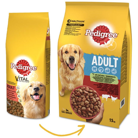 Pedigree Vital Protection 15kg Z Drobiem I Wołowiną Sucha Karma Dla Psów Średnich Ras + Wybór Smaków W Sosie Saszetki 3x400g
