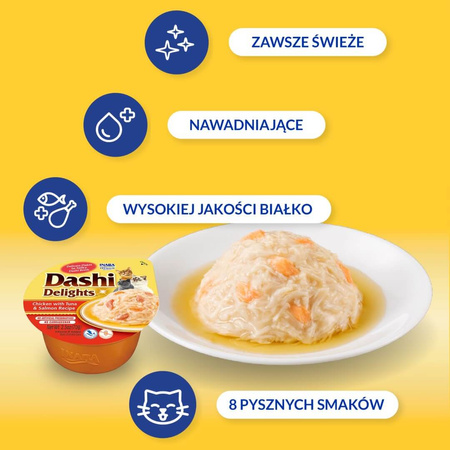 Inaba Cat Dashi Delights 12x70g Uzupełniająca Karma Dla Kota Bulion z Kurczakiem Tuńczykiem i Łososiem