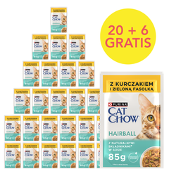 Purina Cat Chow Hairball 26x85g (20+6 GRATIS) Mokra Karma Dla Kota z Kurczakiem i Zieloną Fasolką w Sosie