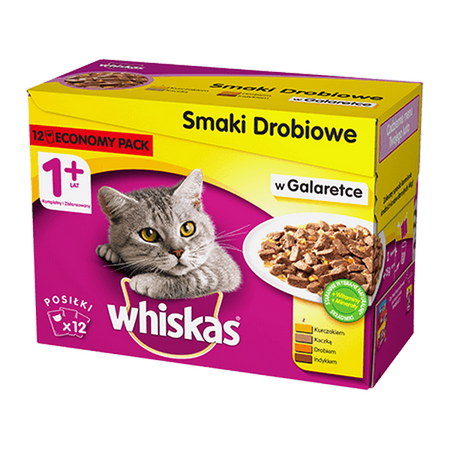 WHISKAS Smaki Drobiowe w Galaretce 4x 12x 100 g Saszetki Mokra karma dla kota 1+
