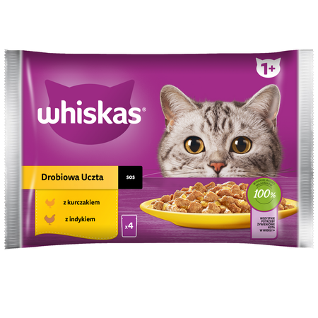 WHISKAS Adult Drobiowa Uczta 32x85g Mokra Karma Dla Kota w Sosie Kawałki z Kurczakiem i Indykiem