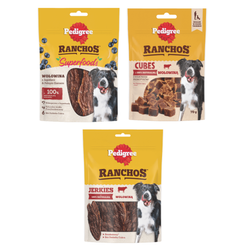 Pedigree Zestaw Przysmaków Dla Psa Ranchos Jerkies 70g +  Ranchos Cubes 70g + Ranchos Superfoods 70g z Wołowiną