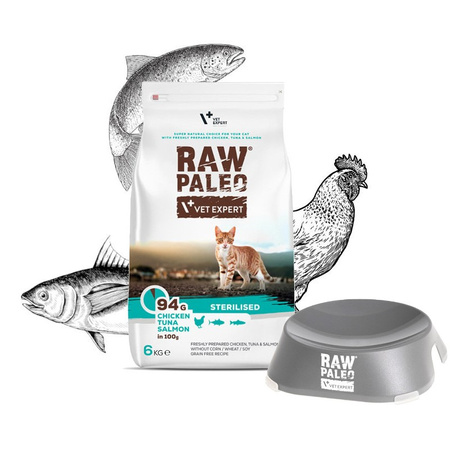Raw Paleo Sterilised Cat Sucha Karma Dla Kota Po Sterylizacji Z Kurczakiem, Tuńczykiem I Łososiem 6kg + GRATIS Miseczka