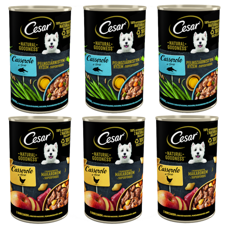 Cesar Mokra Karma Pełnoporcjowa Dla Dorosłych Psów Z Rybą I Kurczakiem W Sosie 6x400g