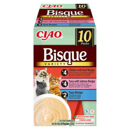 Inaba Cat Ciao Bisque 10x40g Uzupełniająca Karma Dla Kota Zupa Krem z Tuńczykiem Kurczakiem Wołowiną i Łososiem