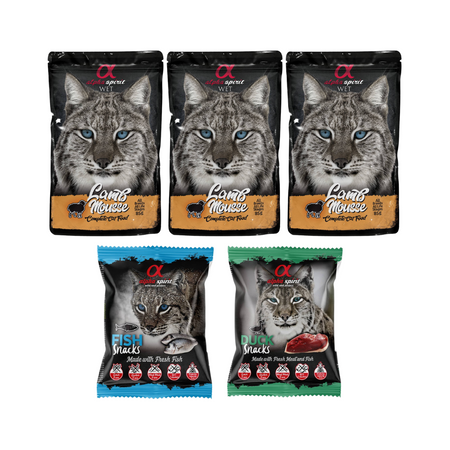 Alpha Spirit Lamb Mousse 12x 85g Mus z Jagnięciny Saszetka - Karma Mokra dla Kotów + 2x 50g  Alpha Spirit Przysmak w kostkach dla kotów