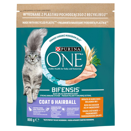 Purina One Cat Coat&Hairball Sucha Karma Z Kurczakiem Dla Kota 8x800g vPrzeciw Kulom Włosowym