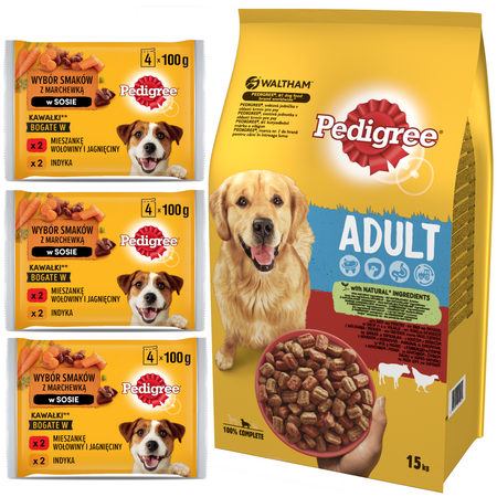 Pedigree Vital Protection 15kg Z Drobiem I Wołowiną Sucha Karma Dla Psów Średnich Ras + Mokra Karma W Sosie 3x400g