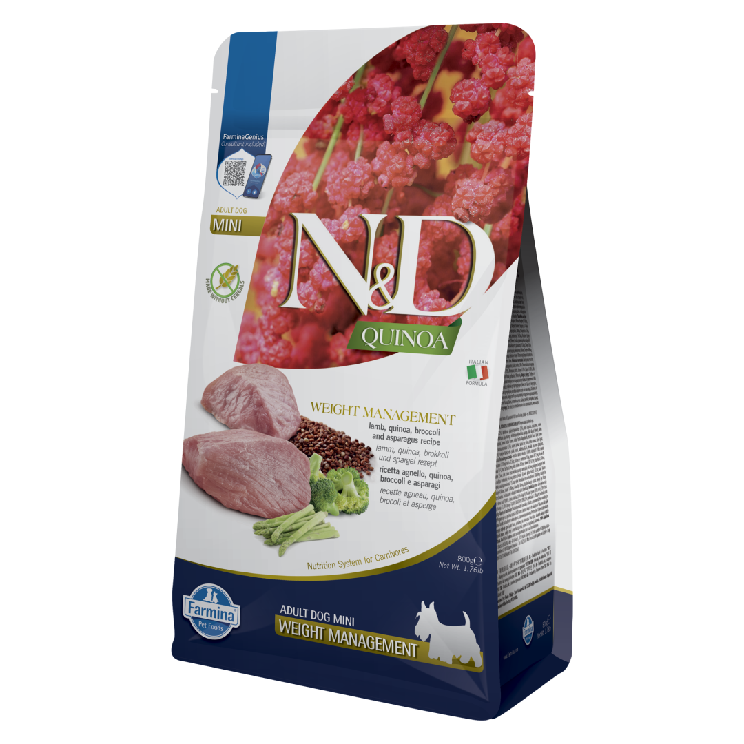 Farmina N&D Quinoa Dog Weight Management 800g Sucha Karma Dla Dorosłych Psów Małych Ras Z Jagnięciną Brokułami I Szparagami