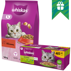 Whiskas Adult 14kg Sucha Karma Dla Kotów Z Wołowiną i Warzywami + GRATIS 40x85g Mix Smaków Mokra Karma w Galaretce