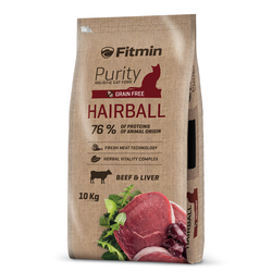 Fitmin Cat Purity Hairball 10kg Sucha Karma z Wołowiną i Wątróbką Dla Kotów Długowłosych
