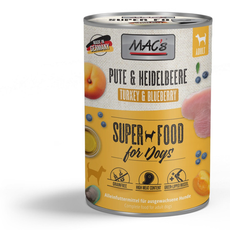 MAC's Dog Bezzbożowa Mokra Karma Dla Psa Z Indykiem I Borówką 12x400g Na Stawy Skórę Sierść