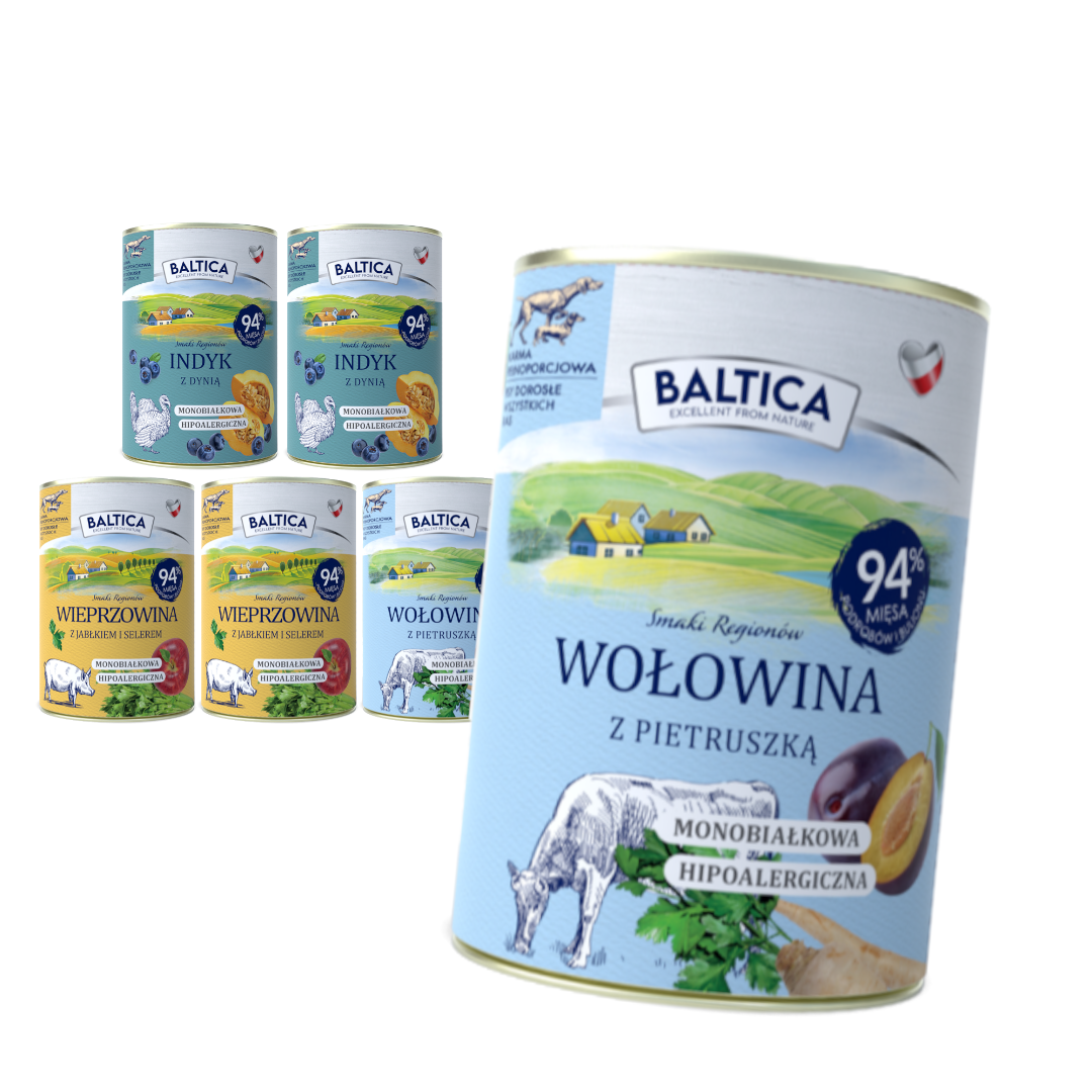 Baltica Samki Regionów 6x400g Monoproteinowa Hipoalergiczna Bezzbożowa Mokra Karma Dla Psa Wołowina Indyk Wieprzowina