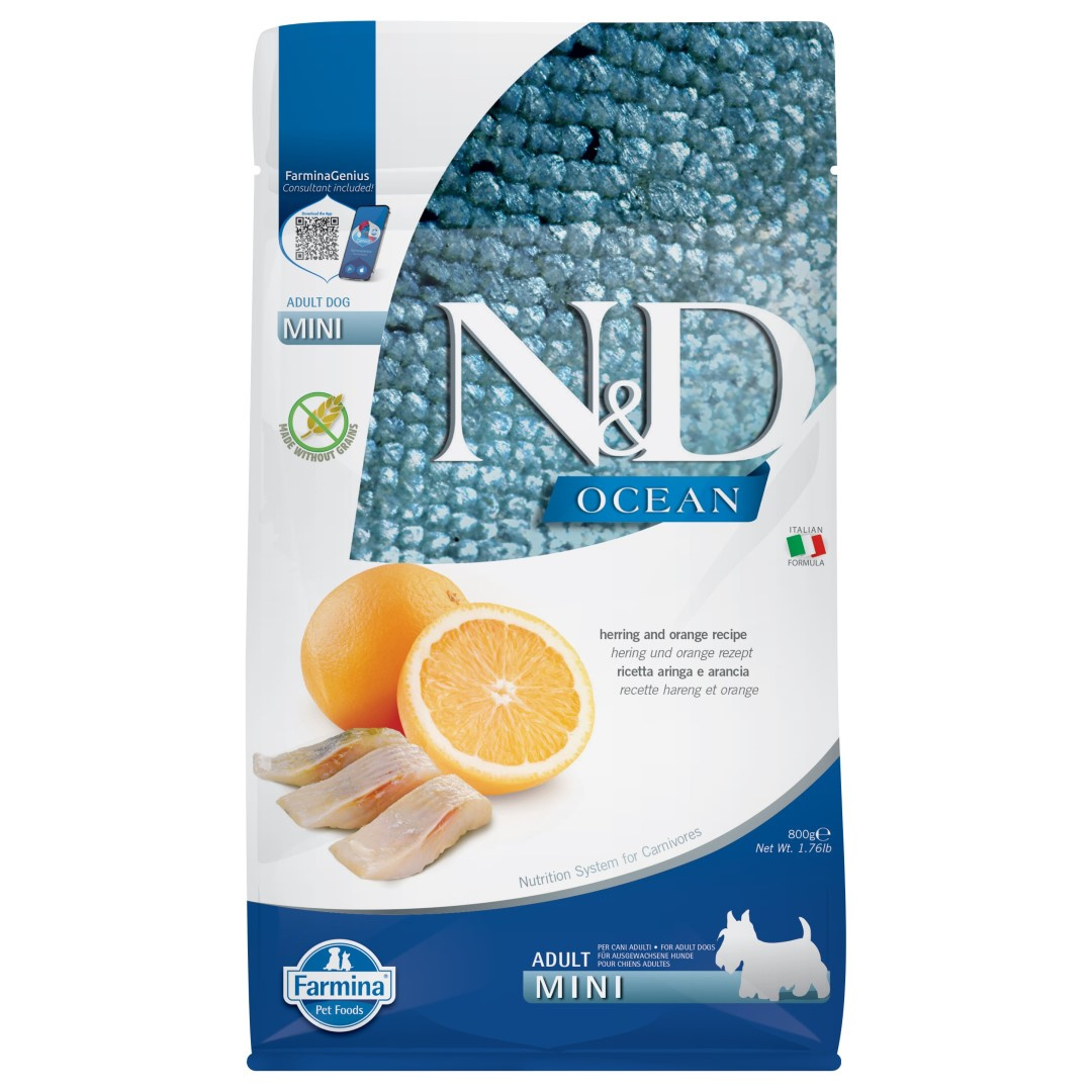 Farmina N&D Dog Ocean Herring Orange Adult Mini Sucha Karma Dla Dorosłych Psów Małych Ras Ze Śledziem I Pomarańczą
