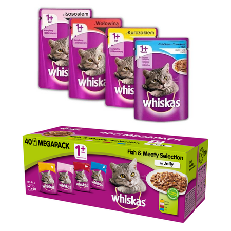 WHISKAS w saszetkach Smaki Rybne i Tradycyjne 40x 100g Saszetki Mokra karma dla kota 1+ 