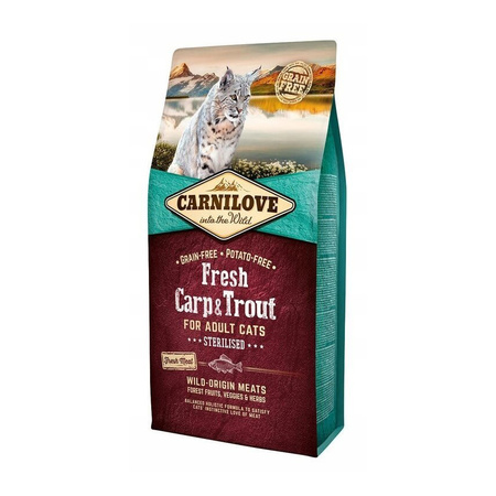 CARNILOVE CAT FRESH CARP & TROUT STERILISED FOR ADULT 6KG - sucha karma dla sterylizowanych kotów, karp i pstrąg