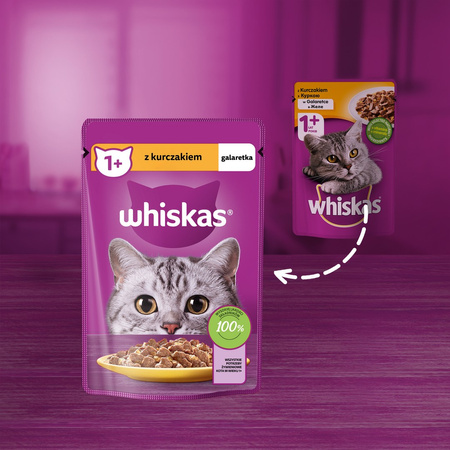 Whiskas Adult 85g Mokra Karma Pełnoporcjowa Dla Dorosłych Kotów Kawałki Z Kurczakiem W Galaretce