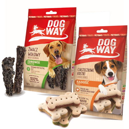 DogWay Ciasteczkowe Kostki 150g Ciastka z Mięsnym Nadzieniem + Żwacz Wołowy Gryzak 40g Przysmak Dla Psa